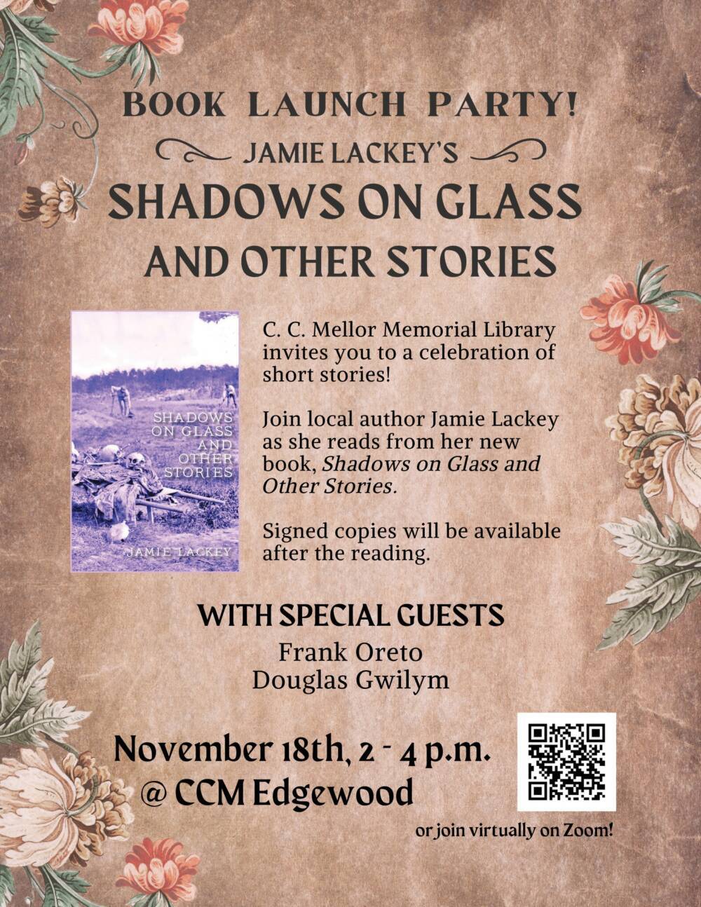 杰米·拉奇的《玻璃上的阴影》书籍发布会（与弗兰克·奥雷托和道格拉斯·吉利姆一同）！
